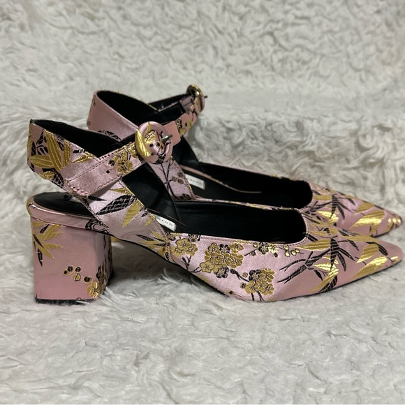 💥SOLD $38💥 Zara Pink Asian Print Floral Kitten Block Heels Pointy-Toe Pumps 40 - Picture 9 of 14